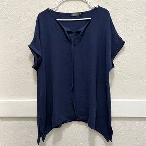 Creation Navy Short Sleeve Tie Neck Blouse Size XXL